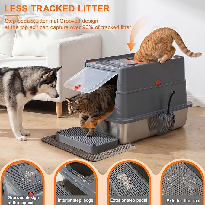 XLarge Stainless Steel Litter Box with Flip Top Lid, High Sided Enclosed Metal Cat Litter Pan, Dog Proof Odor Control Easy Clean, Includes Litter Mat & Scoop, Step Pedal, Carbon Filter, Gray-XL