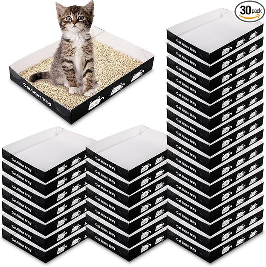 Amyhill 30 Pack Disposable Cat Litter Box 13.8x10x2in Foldable Paper Kitty Trays Bulk Portable Water Proof Cardboard Boxes for Cats Rabbits Guinea Pig Hamster Pets Travel Indoor Supplies(Black)