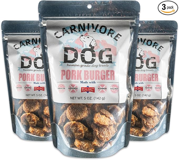 Carnivore Dog Treats, Human Grade, Hormone Free, Real Meat Made with Redmond Real Salt, No Additives - Healthy, Training Snacks or Treats for All Breeds, Pork Burger, Pack of 3