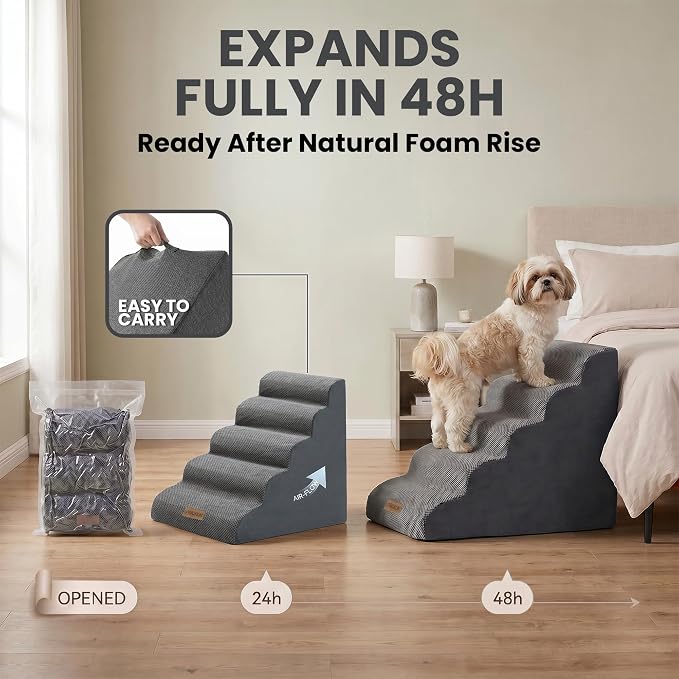 Dog Stairs for High Beds Up to 30", Extra-Tall 5-Step Dog Steps for Bed, 24.5" Tall Foam Pet Stairs for Small & Medium Dogs, Gentle Slope Cat Ramp for Bed with Washable Cover