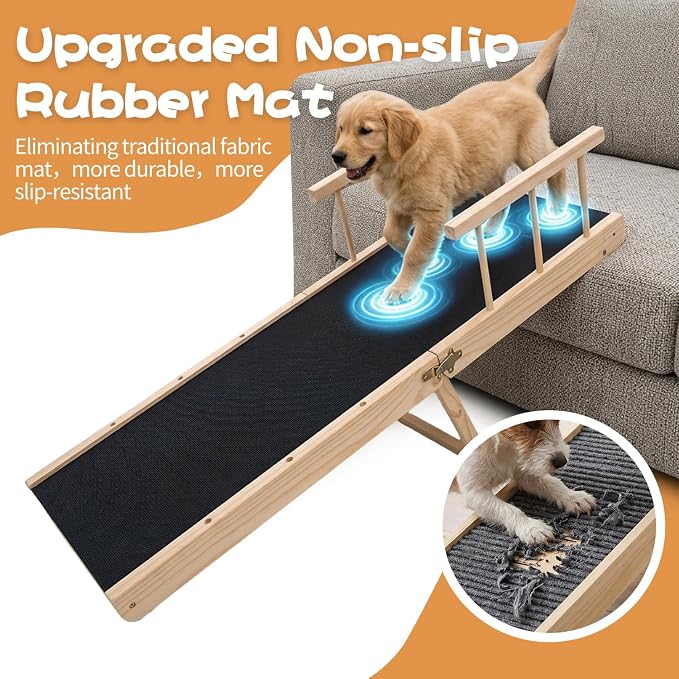 Rubber-Mat Dog Ramp with Rails for Couch, Bed or Car - 40" Long Foldable Wood Pet Ramp Adjustable Height from 10" to 21", with High Traction Mat for Small Medium Older Dogs, Up to 180 Lbs