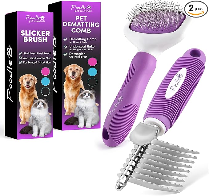 Poodle Pet Bundle - Dematting Fur Rake Comb Brush Tool with Steel Safety Blades for Detangling Matted or Knotted Undercoat Hair and Slicker Brush for Small and Large Dogs Pet Hair Remover