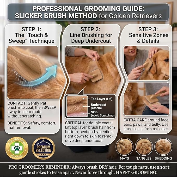 Slicker Brush for Dogs 4PCS- Lrage Dog Grooming Kit, Goldendoodle Labradoodle & Poodles with Detangling Comb for Haired Dogs, Matted Hair & Bath Massage Set, Naturally