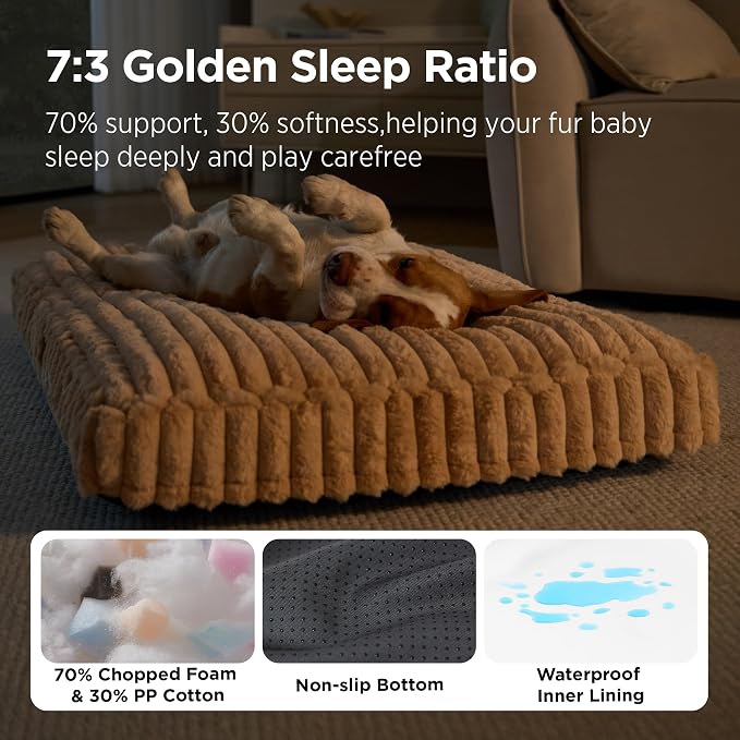 Bedsure ComfyFleece™ Plush XXL Dog Bed for X-Large Dog, Crate Bed for Balanced Support, Cute Chopped Foam Pillow Pad with Removable Washable Cover, Non-Slip Waterproof Cozy Pet Mat 47"x29" Sandy Beige