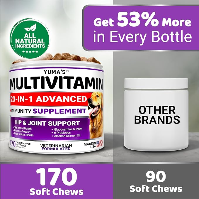 Dog Vitamins and Supplements - 170 Treats - Dog Multivitamin Chewable with Glucosamine - Senior & Puppy Multivitamin for Dogs - Hip & Joint Support - Immune Health, Skin, Heart, Digestion, Probiotics