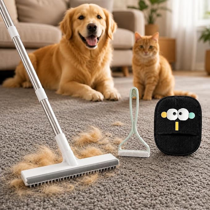 GOOGO Pet Hair Removal Tool Kit, 3 in 1 Carpet Rake Set with White Long Handle Brush, Mint Green Scraper and Scalable Pet Broom Glove for Carpets, Couches and Cars