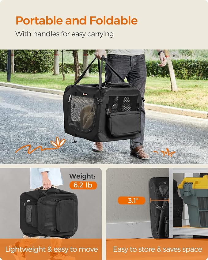 Feandrea 32 Inches Collapsible Soft Dog Crate, Portable Travel Dog Crate for Indoor and Outdoor Use, Dog Carrier Kennel with Safety Zippers, for Living Room, Car, Travelling, Camping, Black UPDC80H