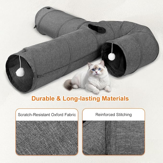 Ownpets Cat Tunnel Large 3 Way Collapsible Cloth Pet Tunnel Tube with Plush Ball & Feather Toy, U-Shaped Cat Play Tunnel for Indoor Cat, Puppy, Kitty, Kitten, Rabbit(Gray)