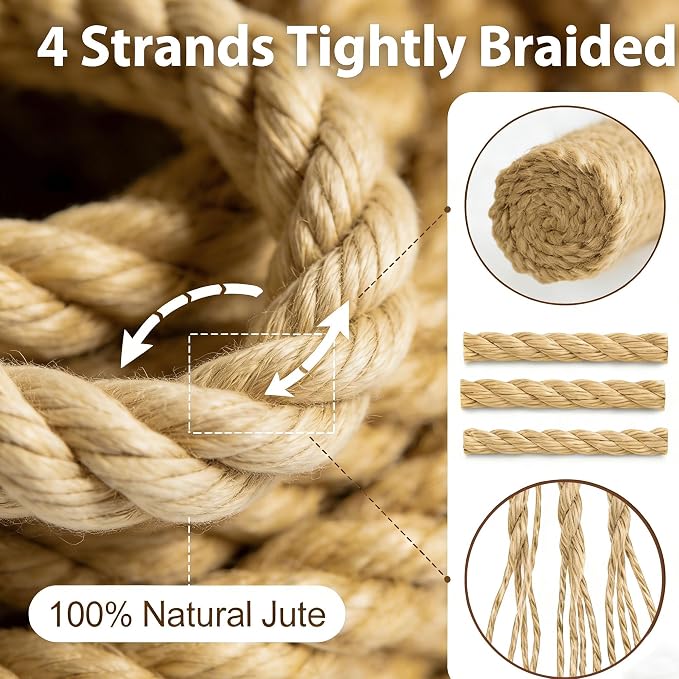 Jute Rope Natural Jute Manila Rope Nautical Hemp Twisted Natural Thick Heavy Duty Ropes for Crafts, Bundling,Anchor, Hammock, Nautical, Tug of War, Railings,Decorate (2 in X 50 Ft)