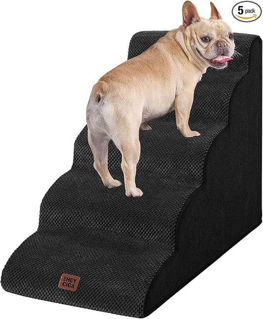 EHEYCIGA Curved Dog Stairs Ramp for High Beds 22.6" H, 5-Step Dog Steps for Small Dogs and Cats, Pet Stairs for High Bed Climbing, Non-Slip Balanced Pet Step Indoor, Black