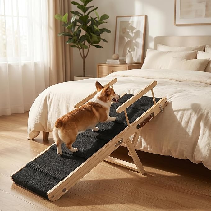 Wooden Dog Ramp for Bed and Couch, 4 Adjustable Heights Folding Pet Ramp with High Traction Fabric Surface, Portable Solid Pine Wood Dog Steps for Couch, Max 35KG (Medium)