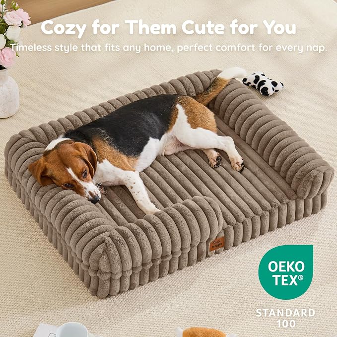 Orthopedic Dog Bed for Large Dogs, Washable Dog Bed with Faux Rabbit Fur Waterproof Cover, High Density Egg Crate Foam Support with 3-Sided Bolsters for Senior Dogs, Non-Skid Bottom,35x28x7, Taupe