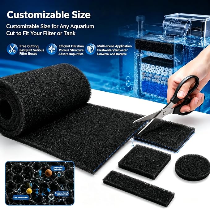 Aquarium Filter Media Foam Cut to Fit, 72"x12"x1" Pre Filter Sponge Pad for Fish Tank, Bio Foam Pad for Aquarium, Pond, Sump, 20ppi Coarse Pad for Mechanical & Bio Filtration