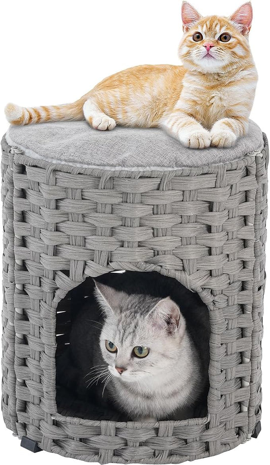 SETVSON Cat House for Indoor Cat, Small Cat Houses Handwoven PE Rattan Kitten Cave, Pet Kitten Bed Covered, One Bed Pad, 13 x 13 x 13.7 Inches, Foldable Hideaway in Living Room Gray