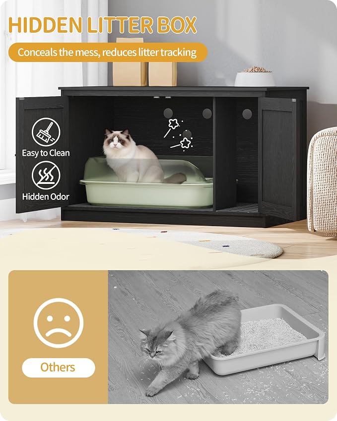 Hzuaneri Cat Litter Box Enclosure with Cushion, Hidden Litter Box Furniture with Removable Dividers, Reversible Entrance Left or Right Side, Cat House, Black CB84704X