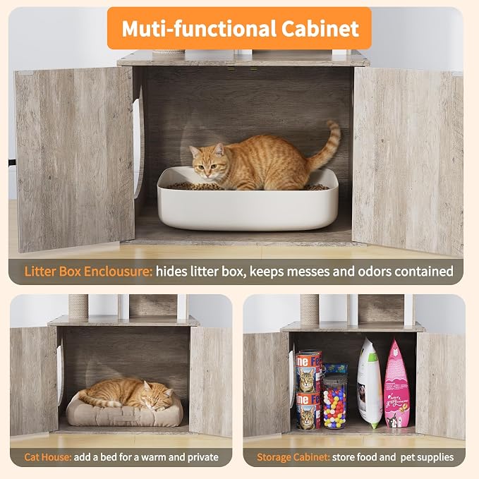 Cat Tree with Litter Box Enclosure, Hidden Litter Box Furniture with Cat Tower, Cat Tree with with Sisal Scratching Post,Hammocks,Condo,Multiple Platform,Soft Plush Perch, Grey
