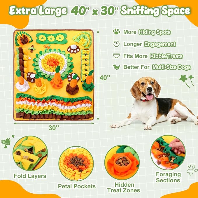 Hsei Large Snuffle Mat for Dogs Set 40'' x 30'' Colorful Nosework Feeding Mat with 5 Squeaky Carrots Cotton and 1 Cotton Rope Toy Interactive Foraging Puzzle for Stress Relief Slow Feeding