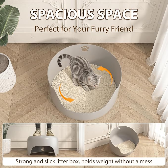 2-Pack Large Cat Litter Box - Low Entry with High Sides, Anti-Splash Easy to Clean Pan for All Cat Sizes, Kittens, Senior & Mobility-Impaired Cats, Grey + Grey, 21.6"x21.6"x13.1"