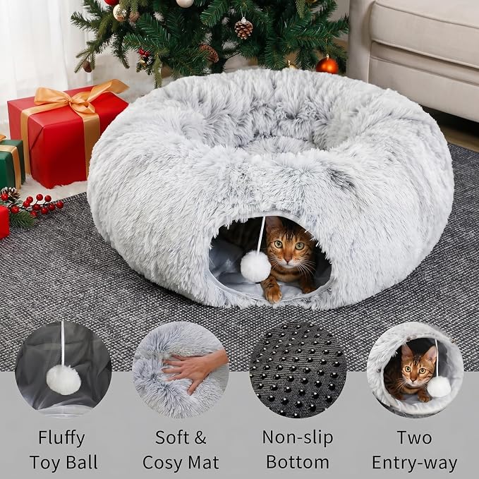 Extra Large Cat Tunnel, Long Cat Tunnel Bed, Foldable Cat Tunnel Toy for Indoor Cats, Spacious Pet Play Tunnel & Cat Bed for Cats Kittens