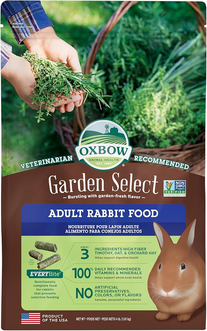 Oxbow Garden Select Rabbit Food, Adult Rabbit, Made with Oxbow Timothy Hay, Vitamin & Mineral Rich Pet Food Pellets, Bunny Supplies, Made in USA, High Fiber, 4 lb Bag