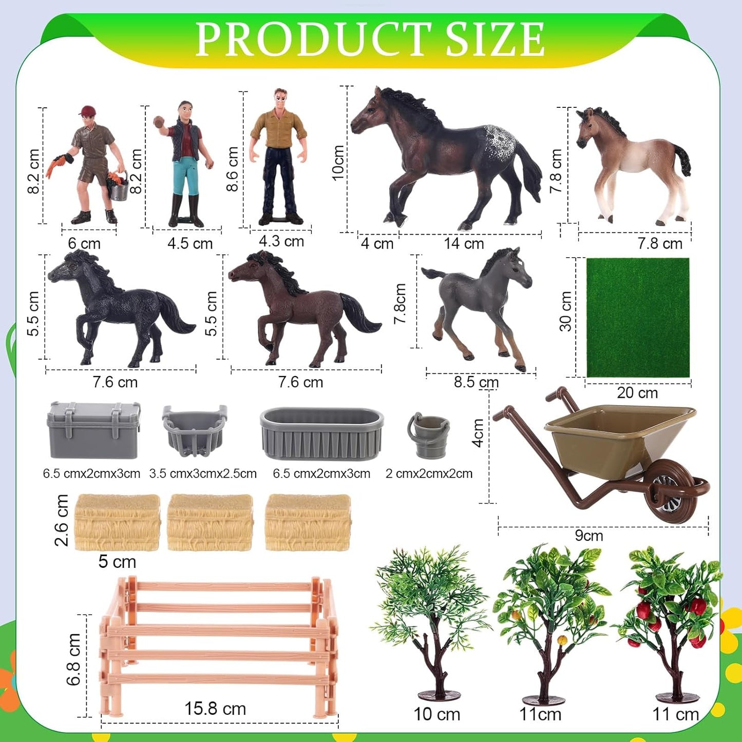 27 Pcs Horse Ranch Playset, 5 Horse Figurines 3 People Figurines 8 Fence 3 Model Trees 1 Moss Mat for Diorama Project Educational Gift Cake Topper