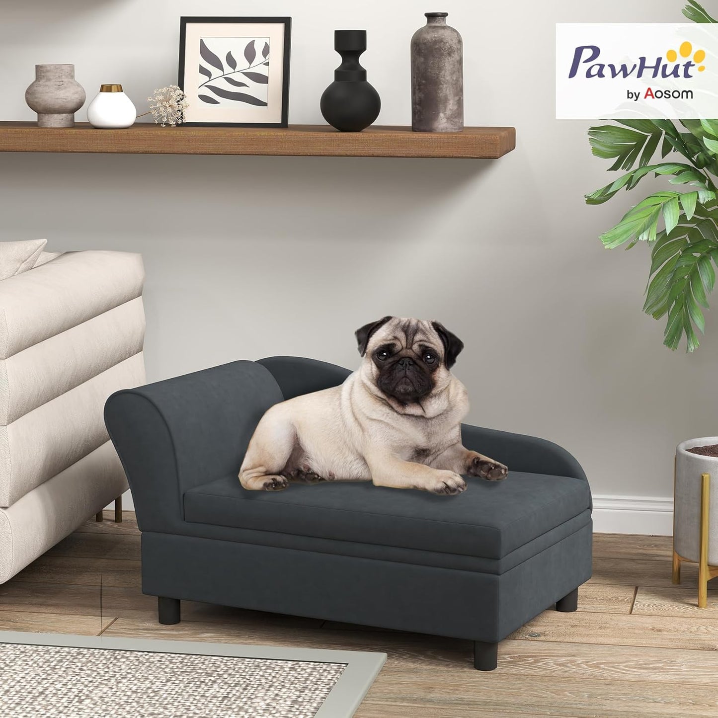 PawHut Luxury Fancy Dog Couch with Hidden Storage, Small Dog Sofa Bed with 2" Soft Foam, Modern Pet Furniture for Puppies & Little Breeds, Dark Gray