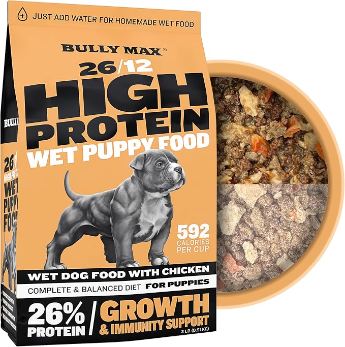 Bully Max Wet Puppy Food (2lbs. Dry Makes 5.5 lbs. Wet Food) Puppy Chews for Immunity & Growth and Puppy Vitamins (30 tabs) for Development & Digestive Support Bundle for Small, Large Breed Puppies