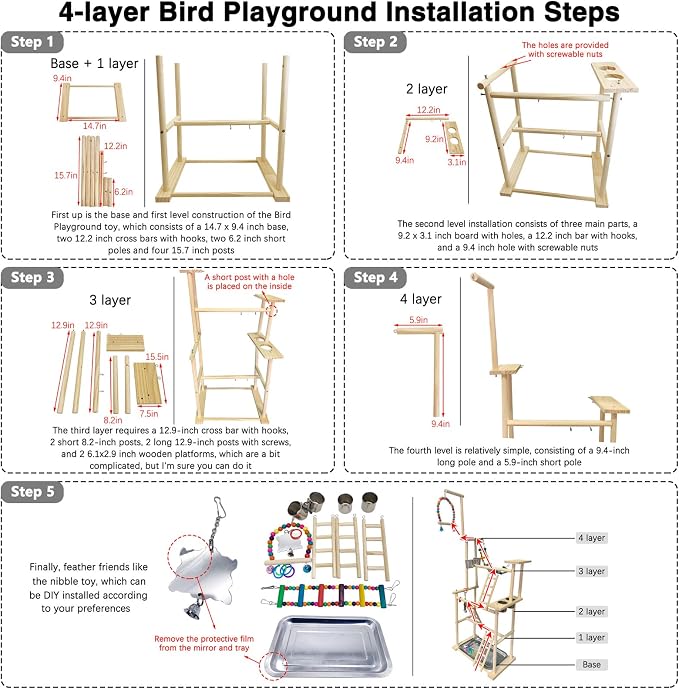 Hamiledyi Natural Wood Bird Playground Stand with 4 Large Layers - Exercise Perch and Birds Nest Straw