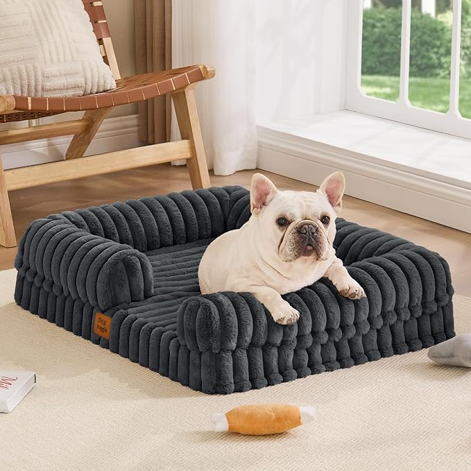 ChiXnuggle Rectangular Orthopedic Dog Bed for Medium Dogs, Waterproof Washable Faux Rabbit Fur Dog Couch with Egg Crate Foam Support, Bolster Pet Sofa with Non-Slip Bottom, 30x24x7, Dark Grey