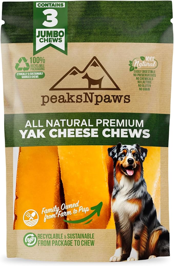 peaksNpaws Yak Cheese, High Protein, Himalayan Dogs Chews, Natural Dog Treats, Lactose Free, Long Lasting Dogs Treat for Aggressive Chewers Over 80 lbs, 3 Jumbo Chew Sticks