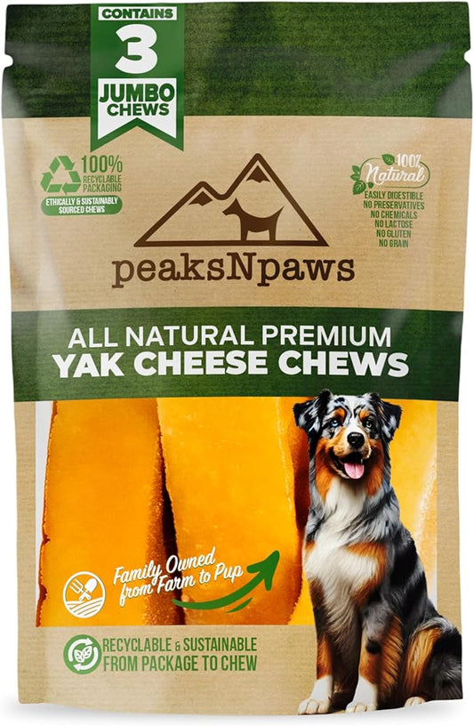 peaksNpaws Yak Cheese, High Protein, Himalayan Dogs Chews, Natural Dog Treats, Lactose Free, Long Lasting Dogs Treat for Aggressive Chewers Over 80 lbs, 3 Jumbo Chew Sticks