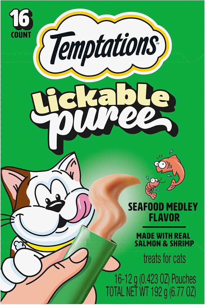 Temptations Creamy Puree Squeezable Lickable Cat Treats, Wet Cat Treats with Salmon and Shrimp, 0.42 oz. Tubes, 16 Count