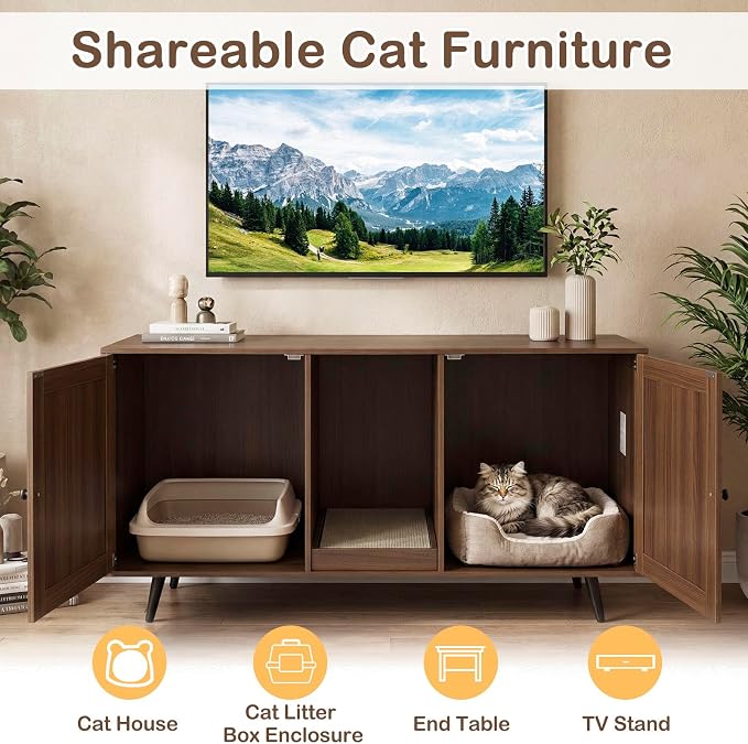 Tangkula Double Cat Litter Box Enclosure for 2 Cats, Large Stackable Hidden Privacy Cat Washroom Cabinet with Scratching Board, Indoor Cat House TV Stand Side Table, Litter Box Furniture (Brown)