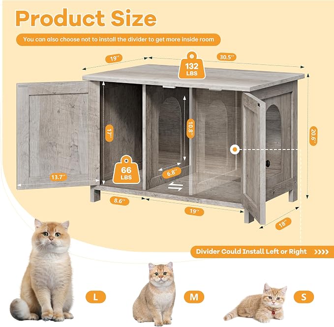 Shintenchi Cat Litter Box Enclosure, Litter Box Furniture Cabinet Hidden with Removable Divider, Wooden Cat House with End Table, Grey, 30.5 inch