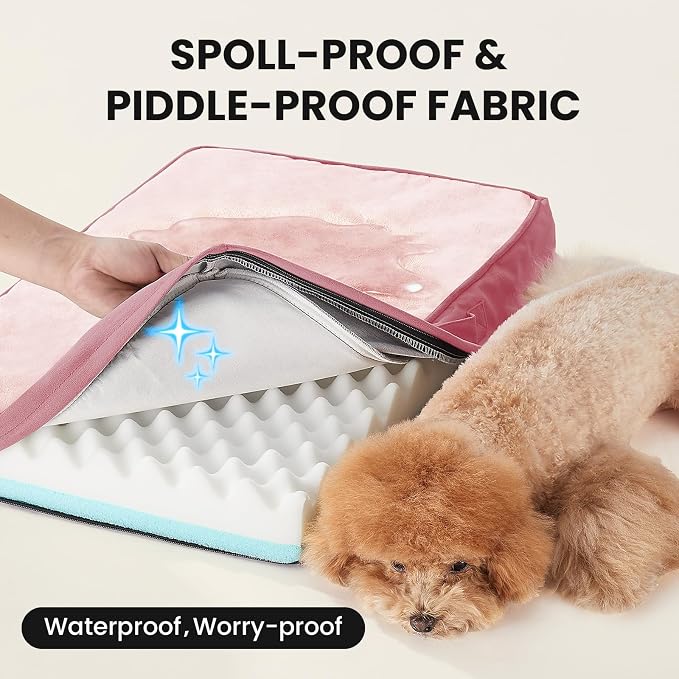 OhGeni Orthopedic Waterproof Dog Bed for Small Dogs, Machine-Washable Removable Cover in Easy-Clean Fabric, Reversible Memory Foam & Easy-Carry Handle, Suitable for Crate, 24 inch (Pink)