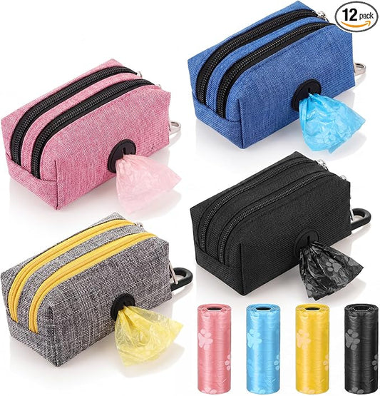 Aliceset 4 Pcs Dog Poop Bag Holder for Leashes Fabric Dog Poop Bag Dispenser and Treat Holder with 8 Rolls Pet Waste Pouches(Brown and Yellow, Black, Pink, Blue,Double Zipper)