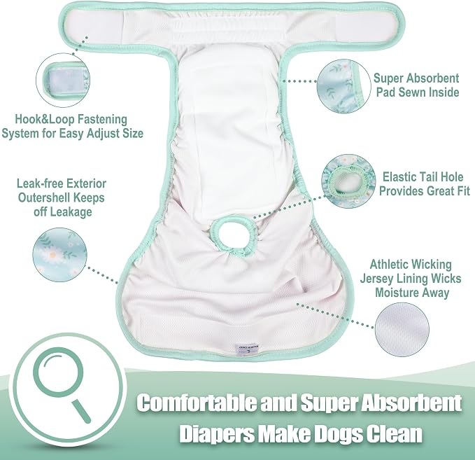 wegreeco Washable Female Dog Diapers Highly Absorbent Reusable Diapers for Dog in Heat Period, 3 Pack (Chrysanthemum, Small)