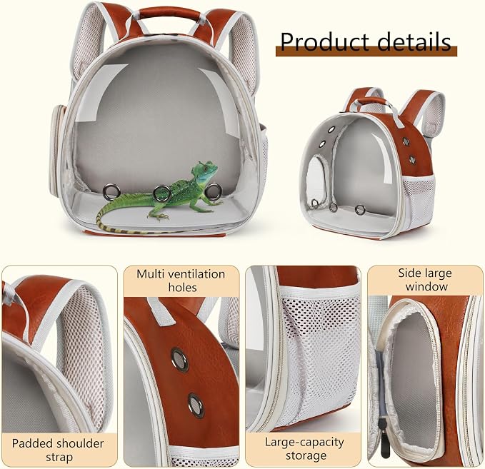 Bearded Dragon Carrier Backpack with Two Security Printing Harness with Leash Sets, Reptile Lizard Travel Bag to Carry and Transport Small Animal Kitten Bunny Guinea Pig to Vet(Brown, PU Leather)