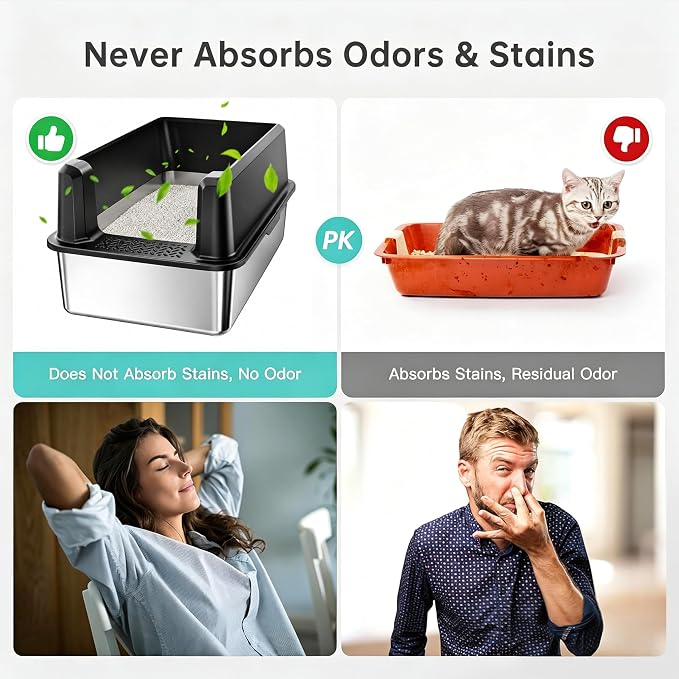 WoofiGo Stainless Steel Cat Litter Box with Lid, XL Extra Large Metal Kitty Litter Box Enclosed for Big Cats, High Sided, Anti-Urine Leakage, Non-Stick Bottom, Include Litter Mat & Metal Scoop (Black)