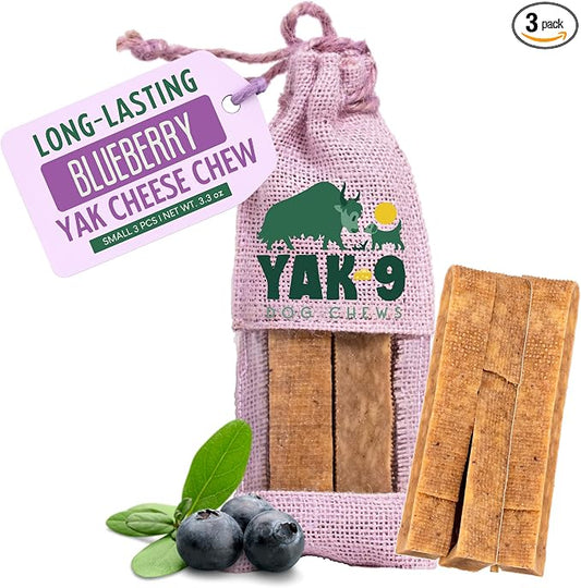 Yak9 Himalayan Yak Cheese Dog Chews, Blueberry | High Protein, Non Rawhide Dog Chews Long Lasting | Non GMO, Gluten Free, Grain Free Yak Milk Dog Chew | Small Size, 3 PC