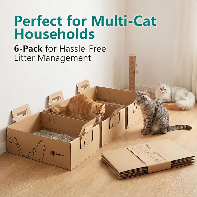 6-Pack Large Disposable Cat Litter Box, Recyclable Cardboard, Waterproof & Leak-Resistant, Portable for Travel, Temporary and Home Use