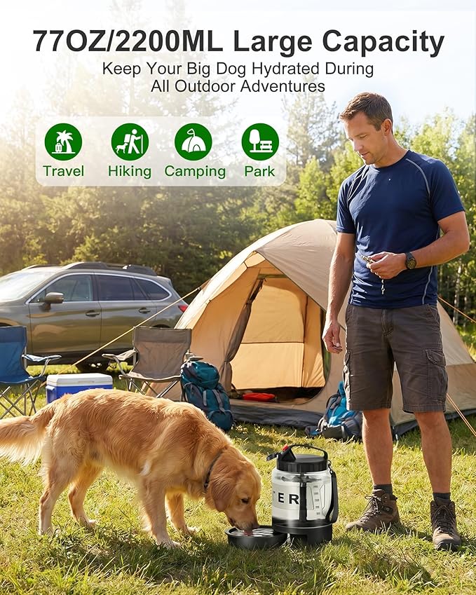 77oz Portable Dog Water Bottle, Camping Essentials, Large Travel Bottle with Pull-Out Drinking Bowl, Portable Beach Accessories, Car Water Container for Dogs, BPA Free - Black