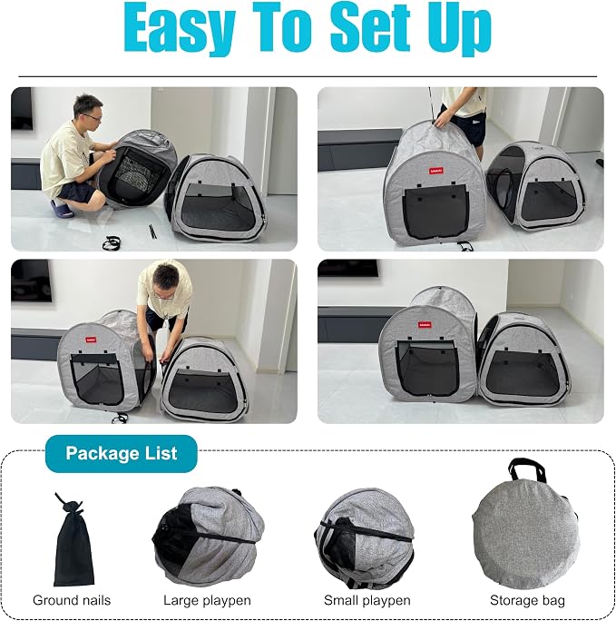Portable Cat Playpen 2-Room, 2-in-1 Pop-up Cat Dog Crate Play Enclosure with Separate Areas, Foldable Pet Playpen for Puppy Kitten and Small Animals Indoor Outdoor Travel