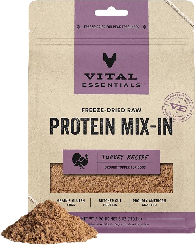 Vital Essentials Freeze Dried Dog Food Topper, Raw Turkey Ground Topper for Dogs | High Protein, Grain Free Dry Dog Food Mix-in | 6 oz Bag
