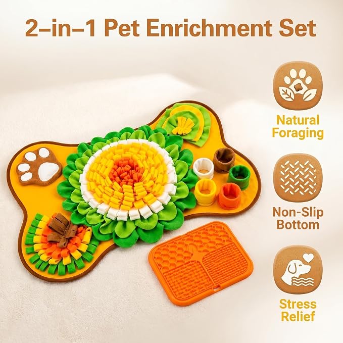 Snuffle Mat for Dogs & Lick Mat - Pet Snuffle Mat for Small and Medium Dogs, Interactive Enrichment Dog Treat Mat & Slow Feeder Puzzle Toy with Squeaky Sounds (Orange Snuffle & Lick Combo)