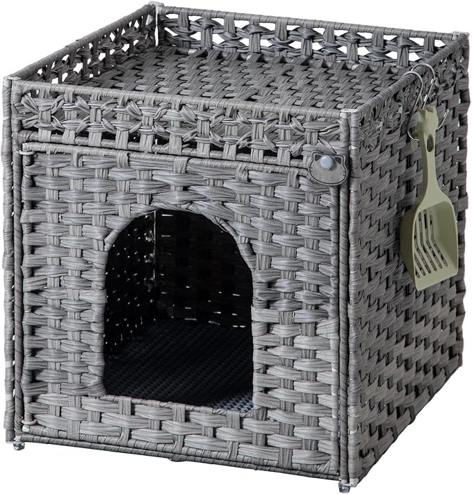 SETVSON Cat Litter Enclosure with Hidden Litter Mat and Rattan Cat House, Supports Two Litter Boxes, Ideal for Living Room or Bedroom (Gray)