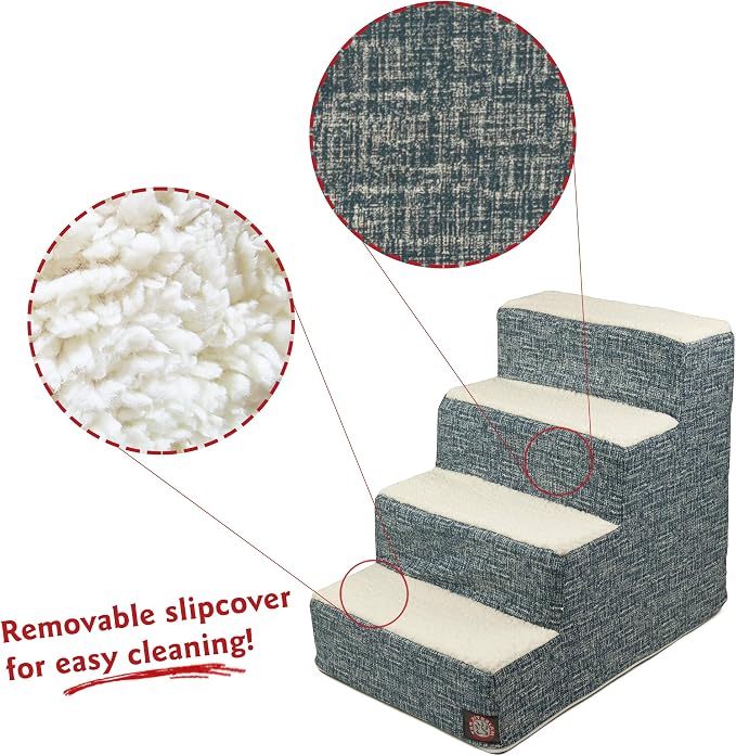 Majestic Pet 4 Step Portable Dog Stairs for Small Dogs to get on Bed Supports 25 lbs or Less –Dog Steps for High Bed with Machine Washable Cover –Pet Stairs for Cats Palette Heathered Navy Blue Denim