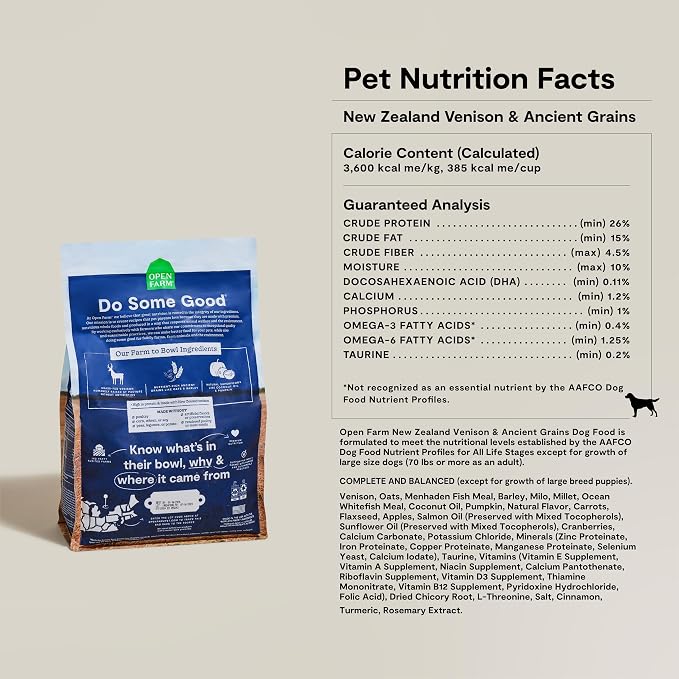 Open Farm, Ancient Grains Dry Dog Food, Protein-Rich & Nutrient Dense, 90% Animal Protein Mixed with Non-GMO Fruits, Veggies and Superfoods, New Zealand Venison Recipe, 4lb Bag