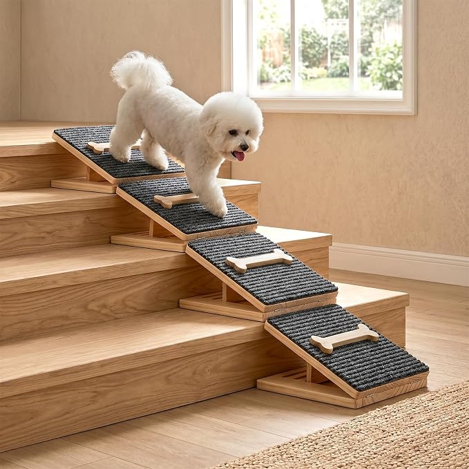Dog Ramp for Stairs 4 Pack – Foldable Anti-Slip Wooden Pet Steps for Small Dogs, Adjustable Low-Angle Wedge Stair Ramp for Senior, Short-Legged & Injured Pets