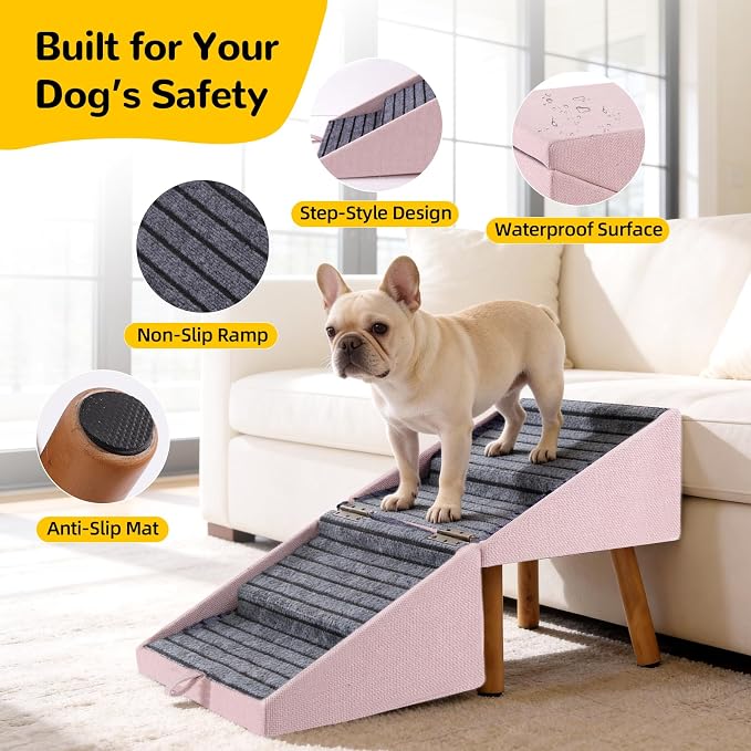 Dog ramp for Small Dogs, 2-in-1 Pet Steps & Ottoman - Foldable Dog ramp for Couch, Non-Slip Wooden Pet ramp for Puppy Senior Injured Dogs (Pink, XL(17.13H))